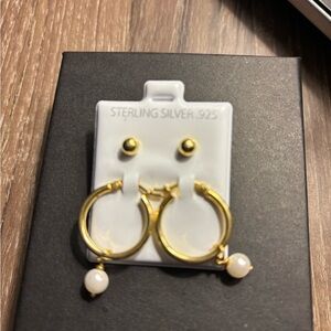Gold over Sterling Silver Hoop Earrings with Pearl Accents
